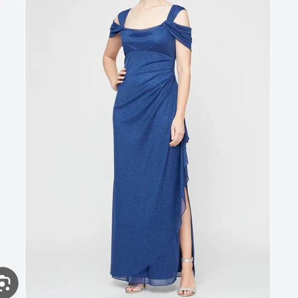 Alex Evening Sz12 Cold Shoulder Glitter Mesh Blue Dress Draped Skirt Cowl Neck - Picture 2 of 16